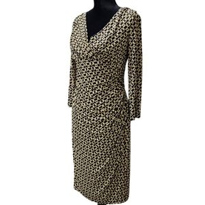 Lauren Ralph Lauren V Neck Chain Print Jersey Ruched Dress Black/yellow 10